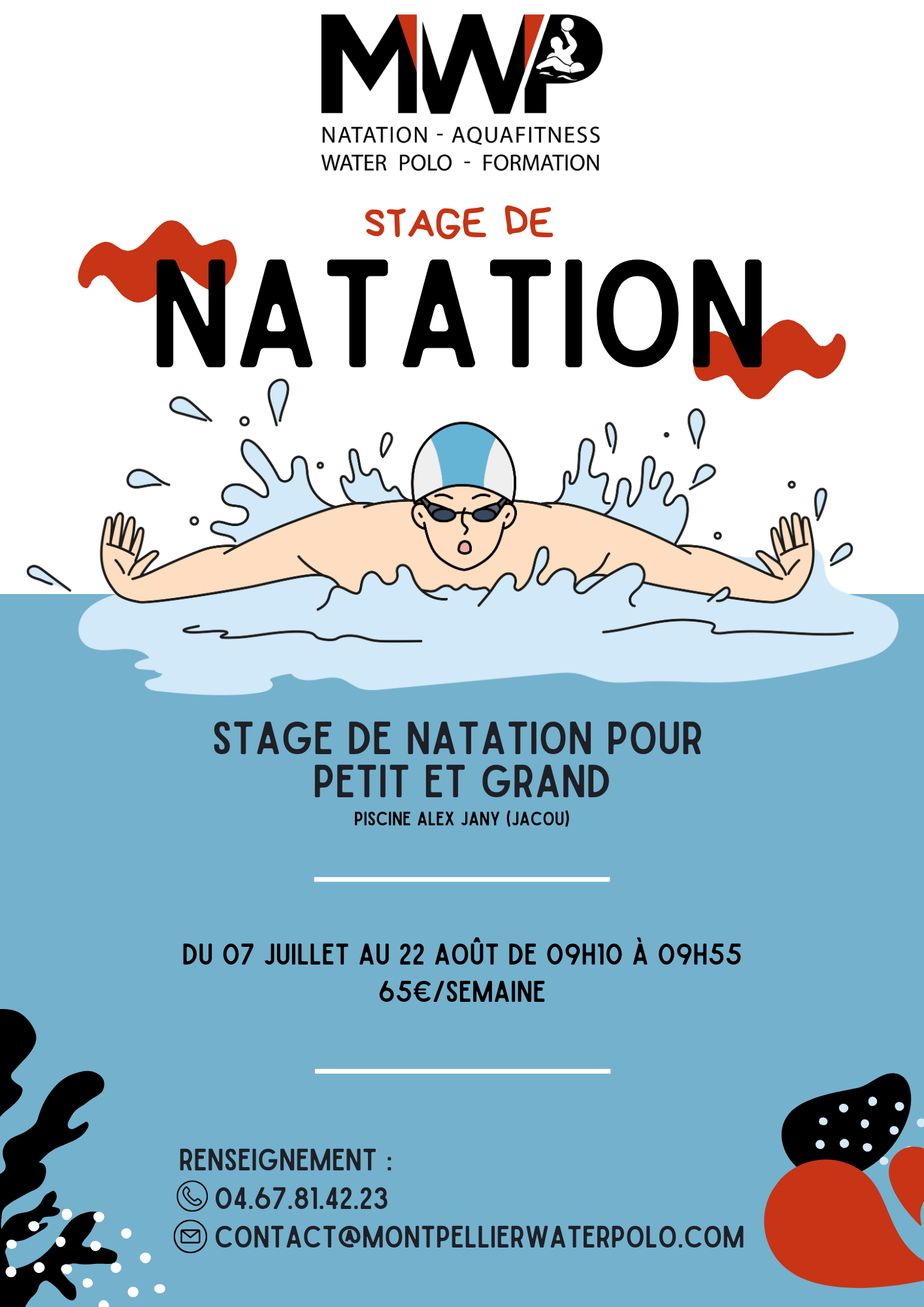 Flyer A4 natation piscine illustré bleu
